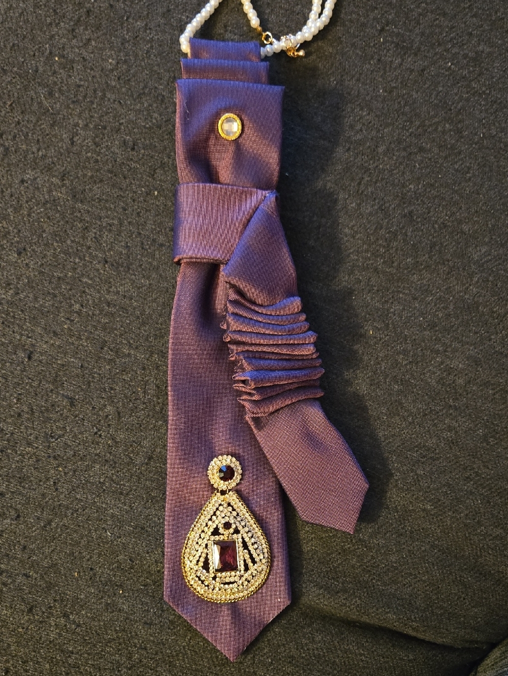 3/$60 Purple Satin Cravat Necklace with Gold-tone and Gem Accent